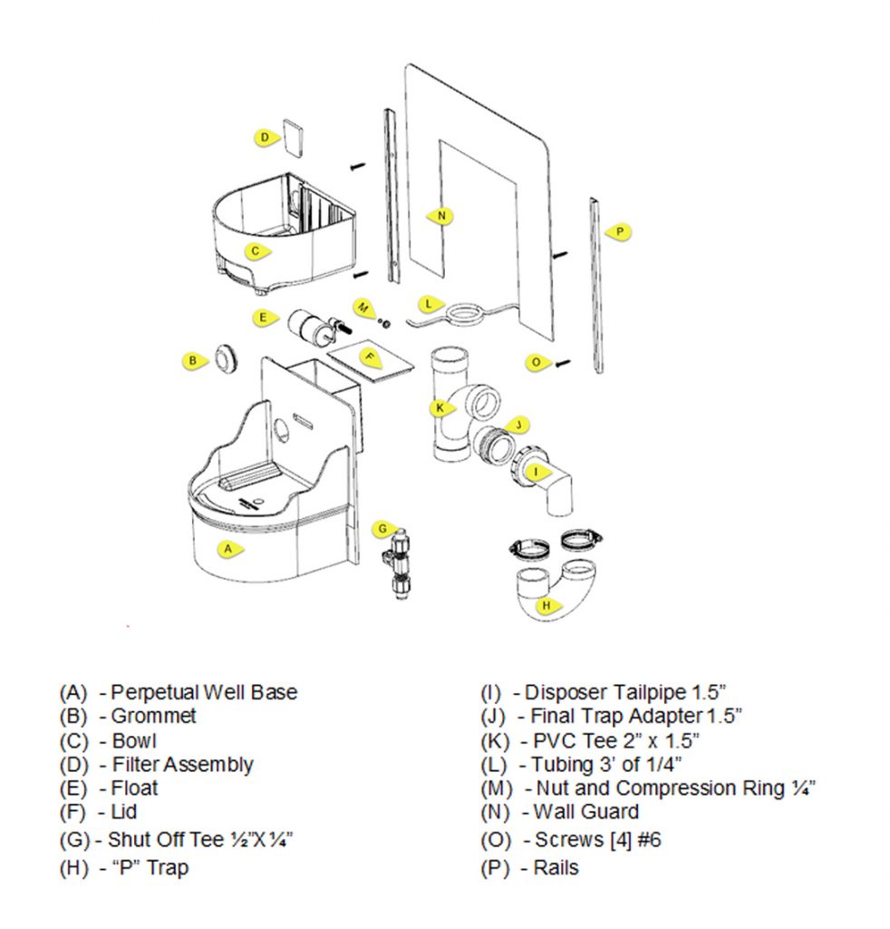 Diagram of parts for Perpetual Well Automatic Water Bowl